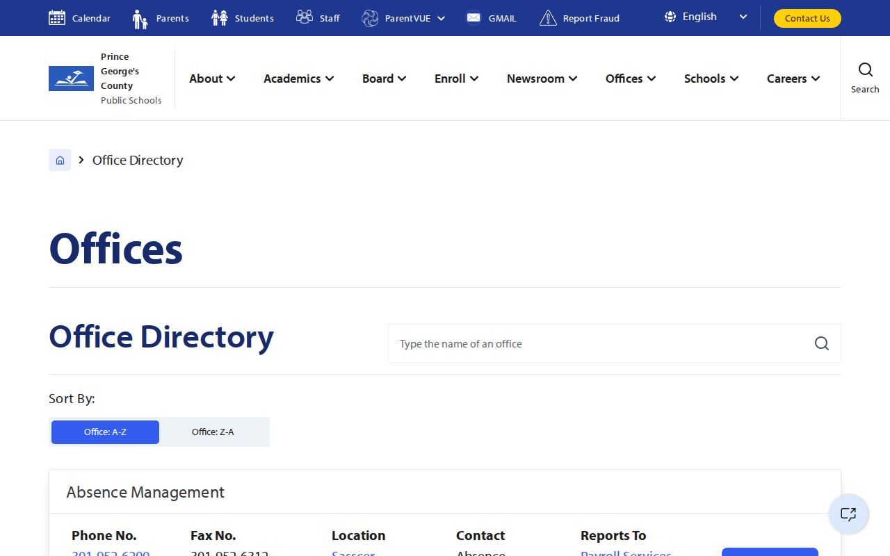 Prince George's County Public Schools office directory for Beltsville