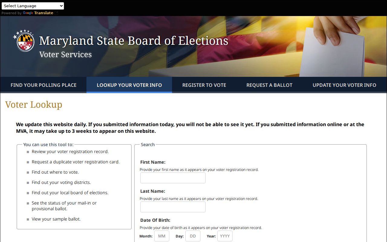 Beltsville voter registration records lookup fields